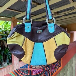 Colorblock Leather Shoulder Bag Brown Yellow Blue Made in Colombia‎ Boho